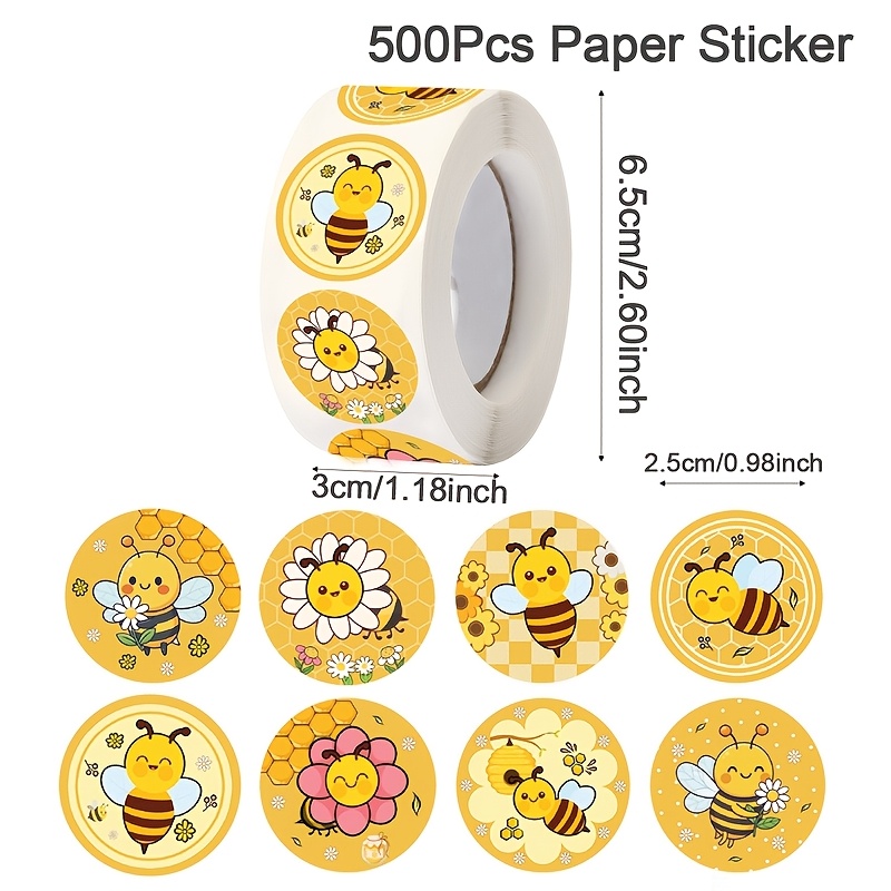 TEMU 500pcs/roll Cartoon Bee Stickers Labels, Sunflower Pattern Self-adhesive Paper Decals For Dly Crafts Journals Small Business, Gift Packing,