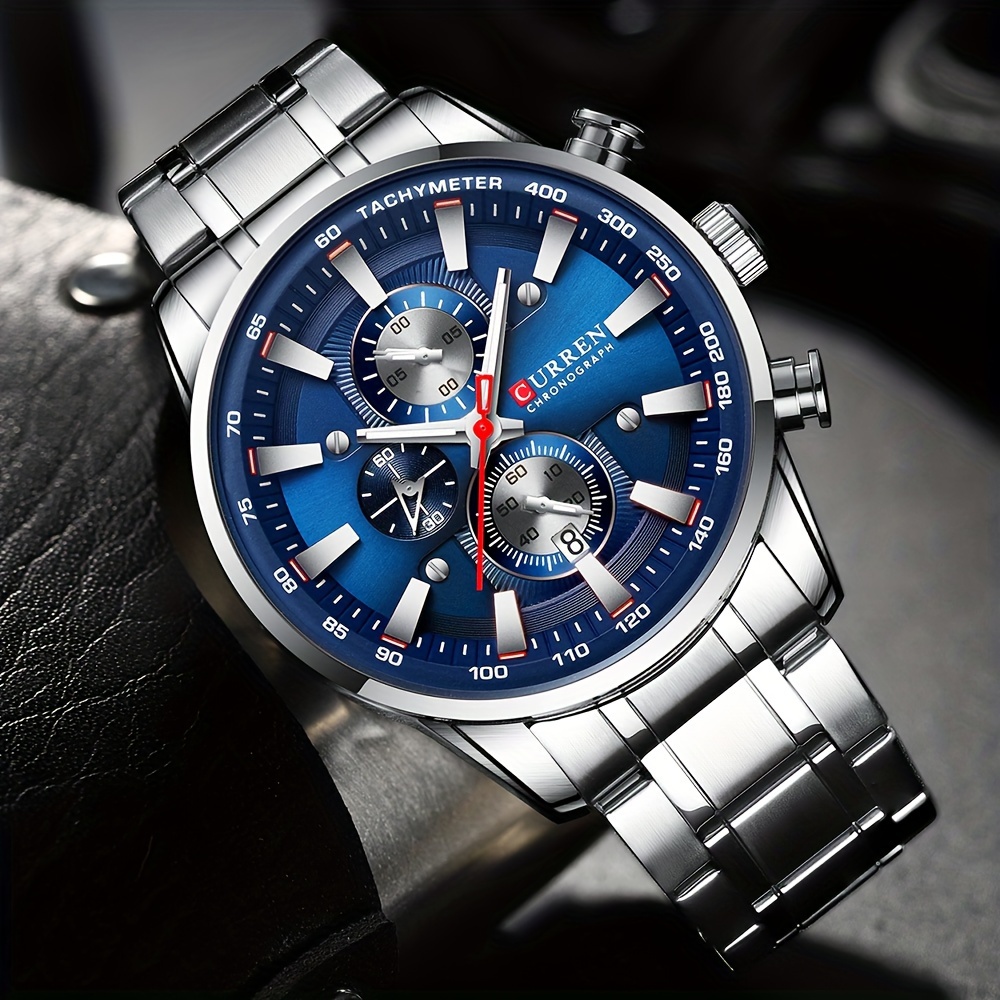 

Curren Men's Fashion Sports Chronograph Quartz Watch Luminous Large Dial Analog Calendar Stainless Steel Wristwatch Date Watch