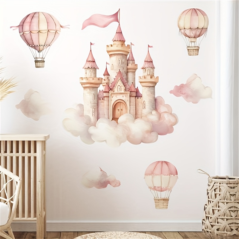 Whimsical Castle And Hot Air Balloon Wall Decals - Removable Waterproof Pvc Stickers, Pink Design With Glitter End, Self-adhesive For Bedroom, Living Room, Entrance Decoration Whimsical Decor