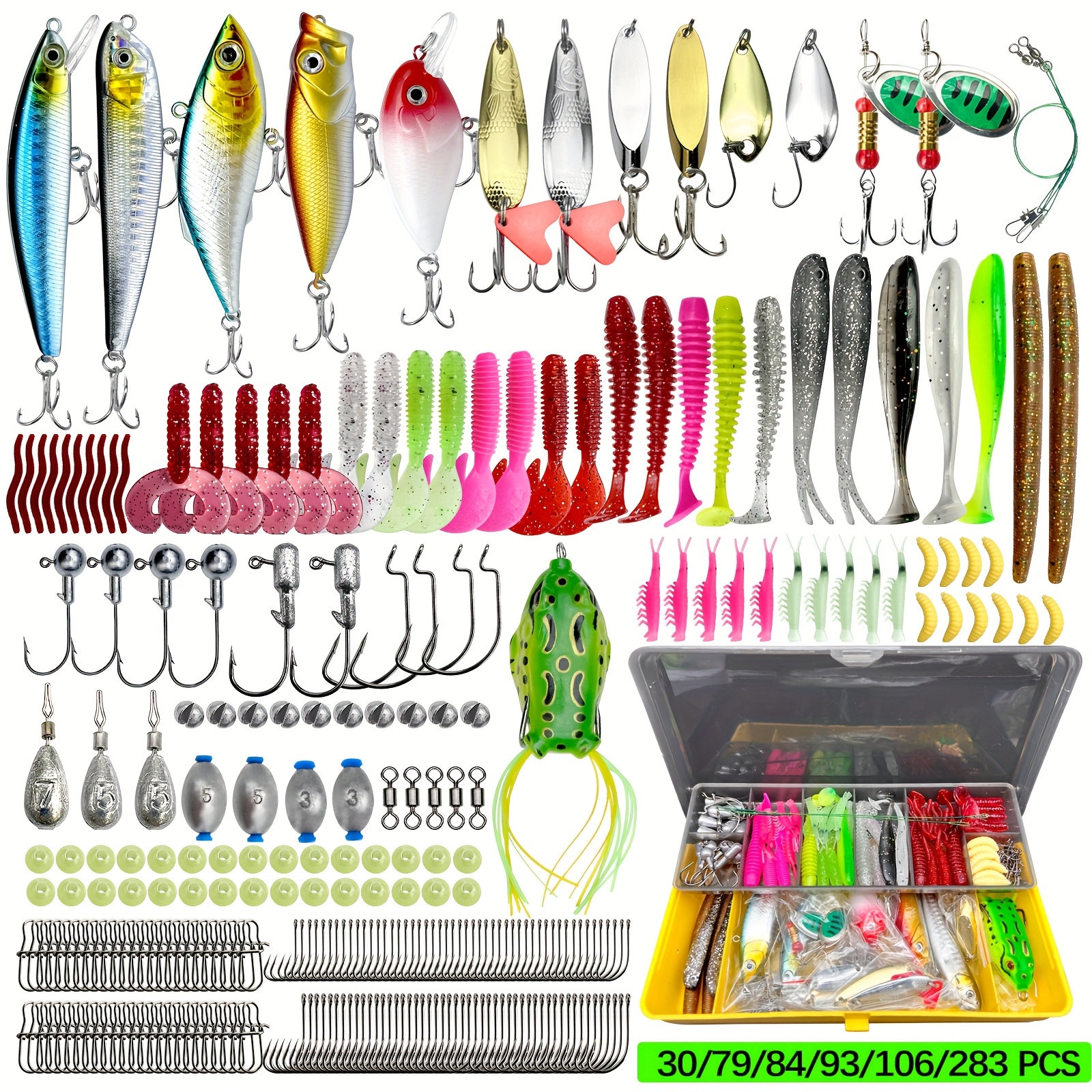 fishing lures kit complete tackle box hooks rigs soft plastic baits bass trout salmon