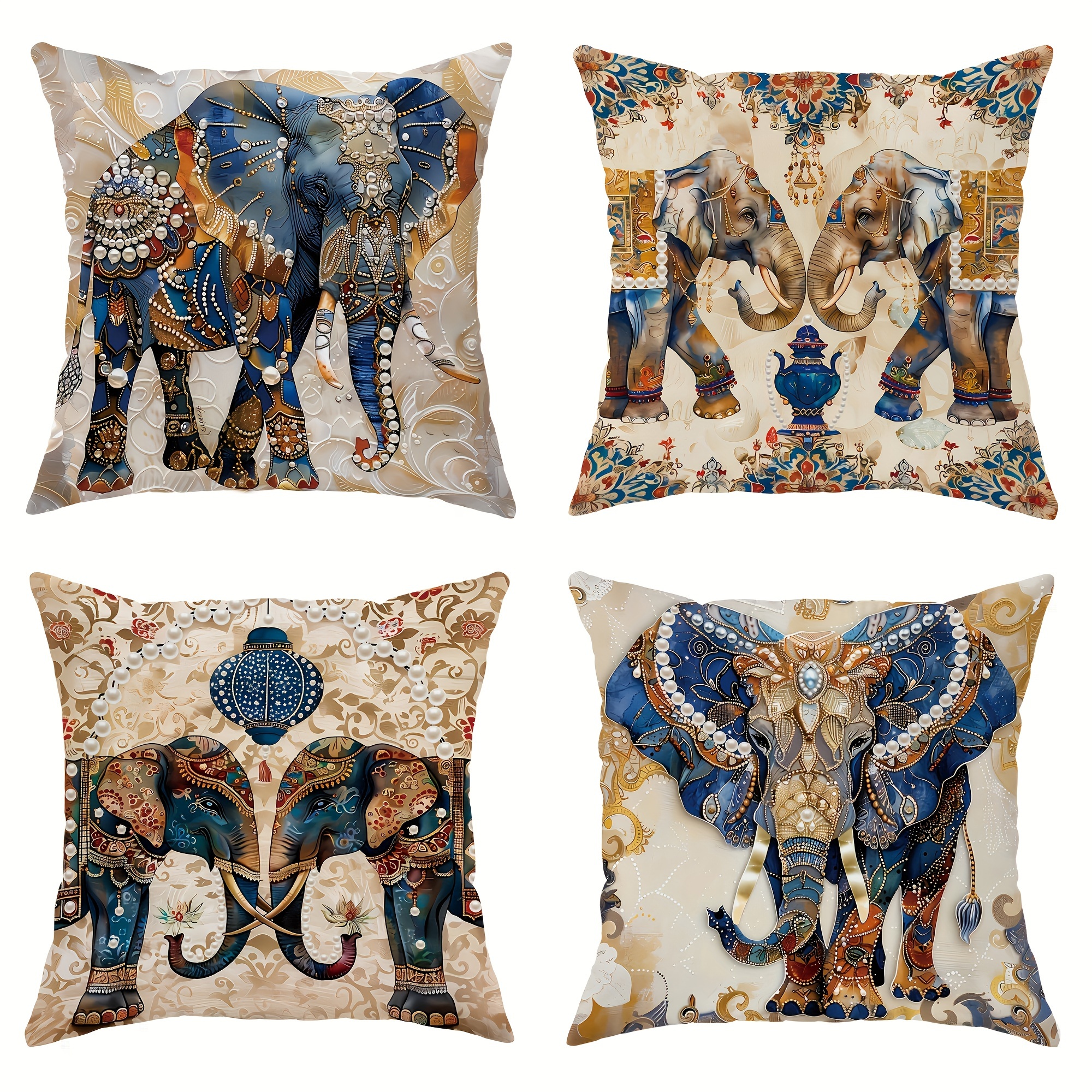 

4-piece Set Linen Throw Pillow Covers With Elephant & Pearl Flower Design - Golden, Blue, Earthy Yellow | 18x18 Inches | Bohemian Ethnic Style Decorative Cushion Cases For Living Room & Bedroom Sofa