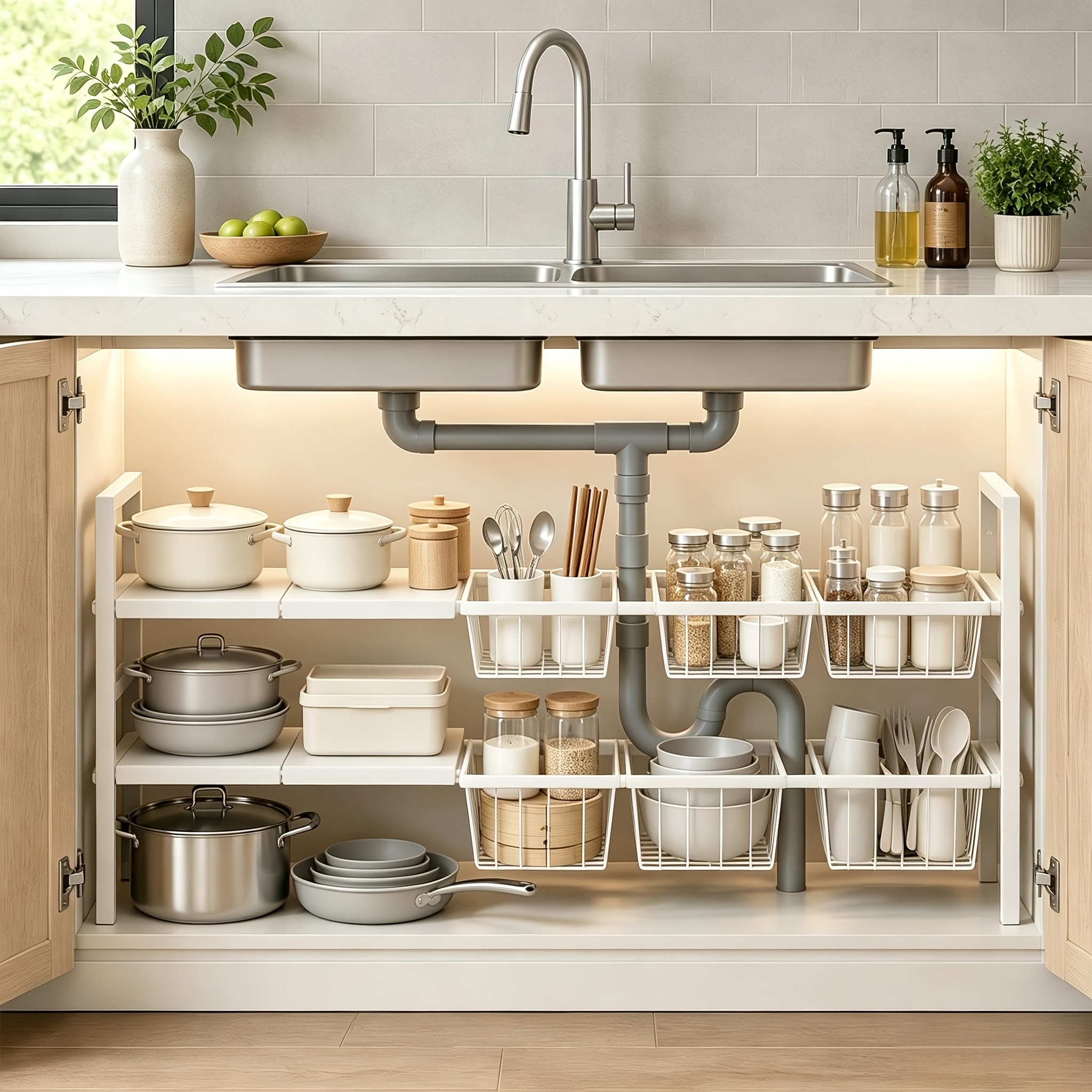 Double-layer Expandable Under-sink Storage Rack, With 4 Detachable Panels And 6 Baskets, Adjustable Width Range 52-97cm, Suitable For Kitchen Bathroom Cabinet Storage (black, White)