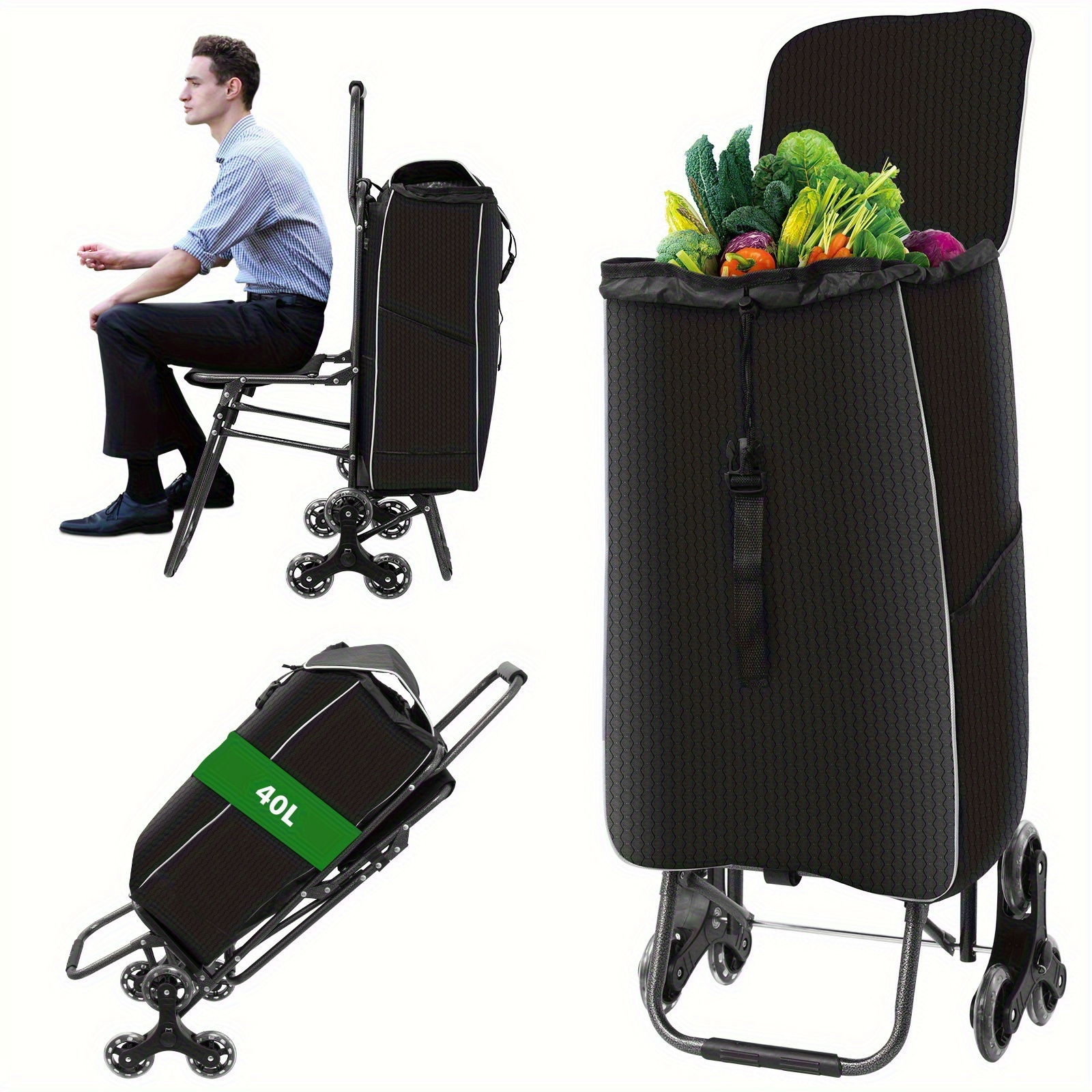 TEMU 3-in-1 Shopping Cart, Triangular Wheel Shopping Cart, Shopping Cart + Trolley + Stool, Space-saving Shopping Solution, Collapsible Shopping