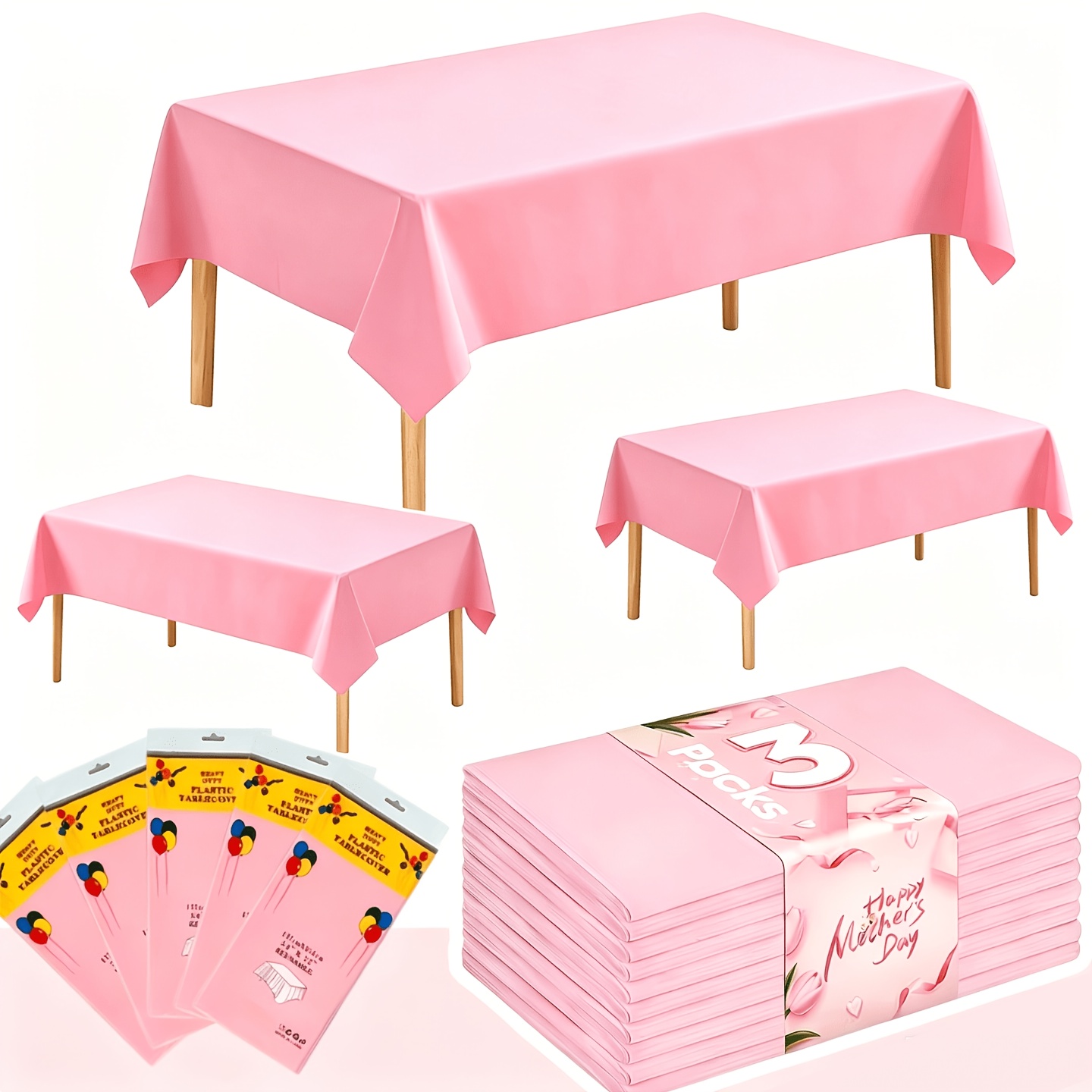 TEMU 3pcs Set Pink Rectangular Disposable Tablecloths, 54 X 72 Inch Table Covers, Ideal For Weddings, Birthday Parties, Banquets, Picnics, Camping,