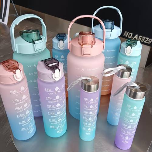 1pc 3pcs 2000ml 700ml 300ml portable gradient leak proof water bottle with straw time marker carrying strap ideal for gym park camping perfect gift for holidays and birthdays