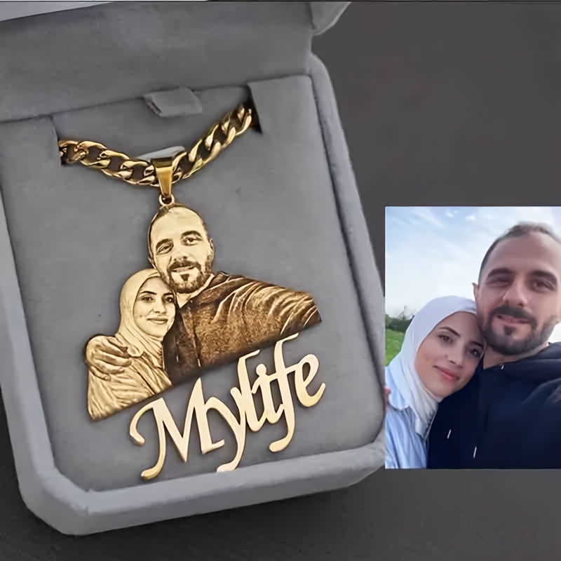 E-shop Personalisierte Porträtfoto-Gravur Anhänger Halskette mit 304 Edelstahl Kubanischer Kette. Personalisierte Foto-Anhänger Halskette, geeignet als