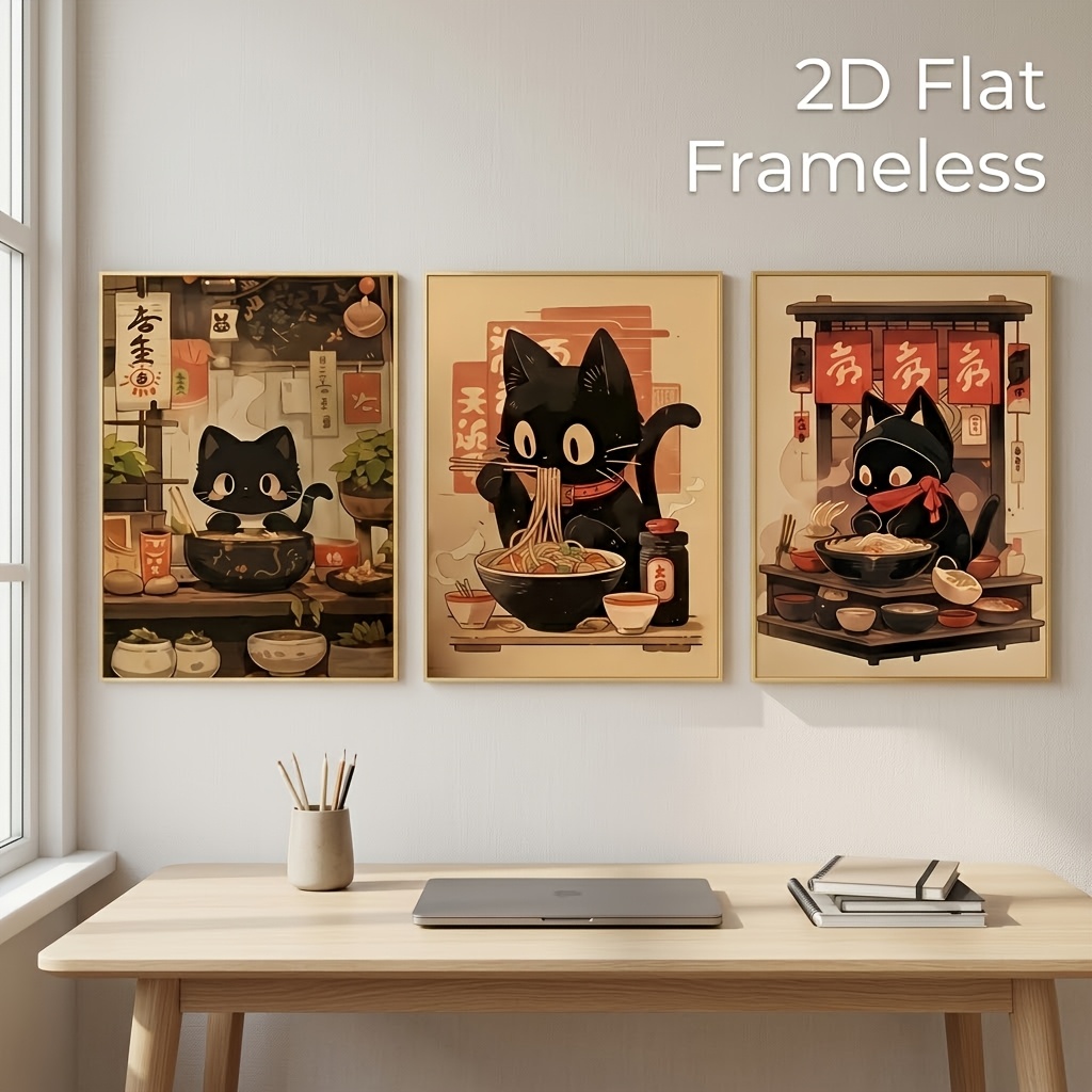 3pcs Set Of Modern Japanese Black Cat Noodle Canvas Wall Art, Frameless Posters For Living Room Decor