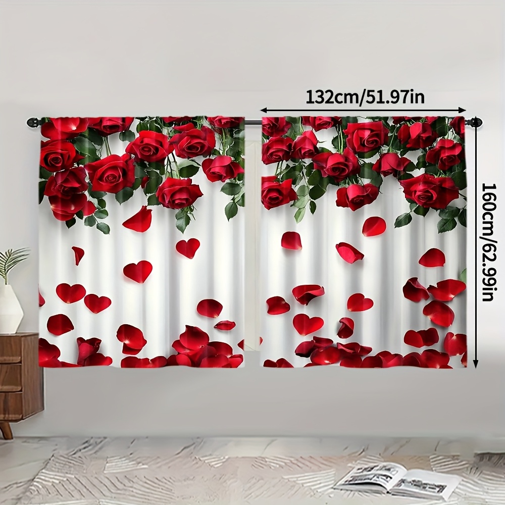 TEMU 2pcs, Hot Curtains, Rose Petals Printed, Polyester, For Bedroom, Living Room, Office Decor, Easy Hanging, (rod Free)
