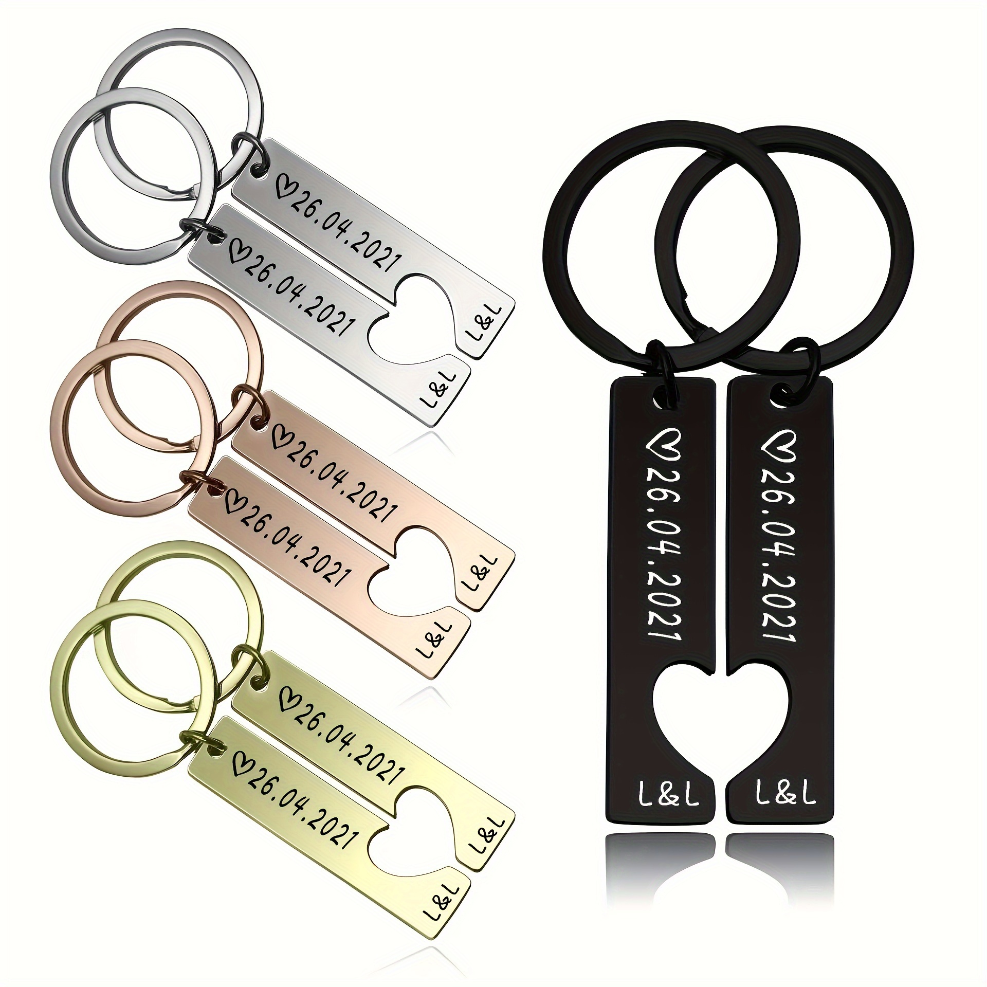 

[customized]1 Pair Of Custom Engraved Durable And Stylish Stainless Steel Keychains, Personalized Trendy Style Couple Keychains With Date, Ideal Gift For Anniversary, Birthday, Father's Day Gift