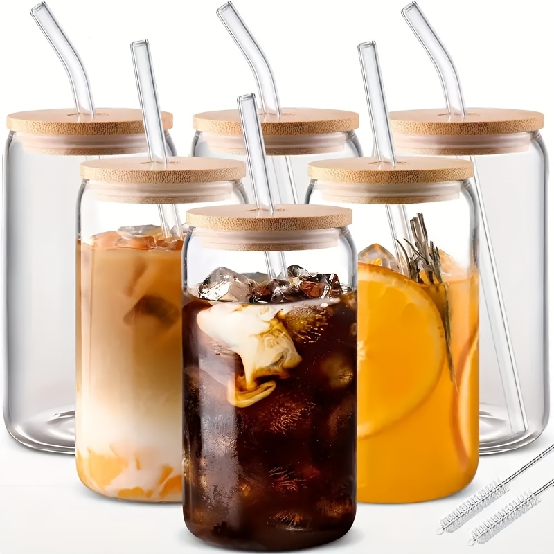 TEMU 4/6pcs, 18.6oz/550ml, Including Lid, Straw, Straw Brush Glass Cup Set. Shape Of The Drinking Cup Is An Ideal Gift, And The Can Shaped Glass Cup