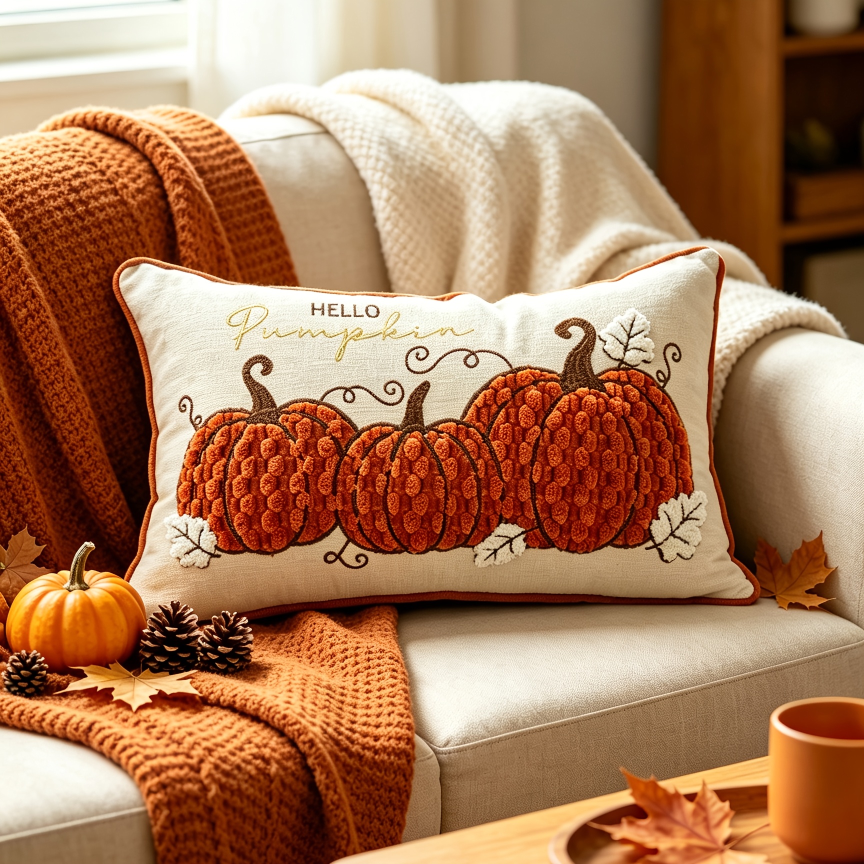 TEMU 1 pièce Housse de coussin décorative citrouille orange et beige pour Halloween, velours doux, décoration de Thanksgiving, décoration de récolte