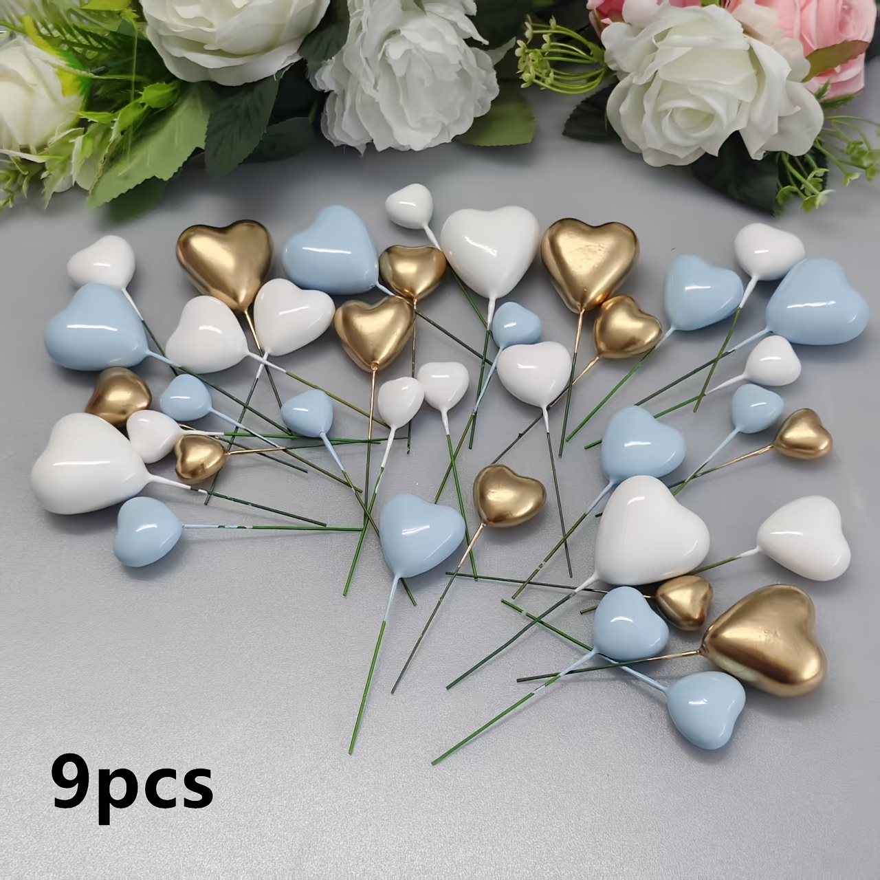 TEMU Nouvelles Boules de Gâteau - Motif Cœur, Assortiment de Couleurs Blanc Doré et Bleu, Lot Aléatoire de 9, Décoration de Gâteau/Topper de Gâteau,