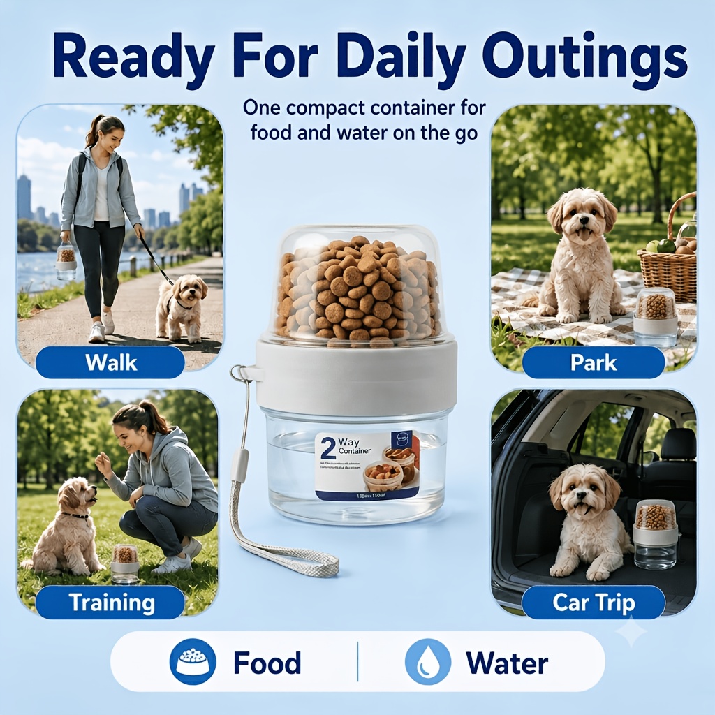 1  in 1 portable pet travel feeding cup double layer split design 150ml 150ml pet food water container with hand strap transparent treat storage compartment for cats small dogs puppies for daily walking park trips pet training snacks Product details 1