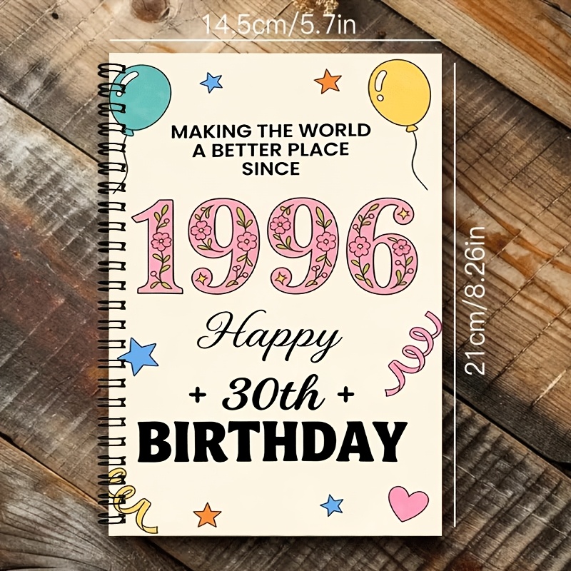 TEMU 1pc [2d] Flat Spiral Notebook, 1996 Birthday Commemorative Notebook, 30th Birthday Party Decoration Supplies, Creative Birthday Gift, Office