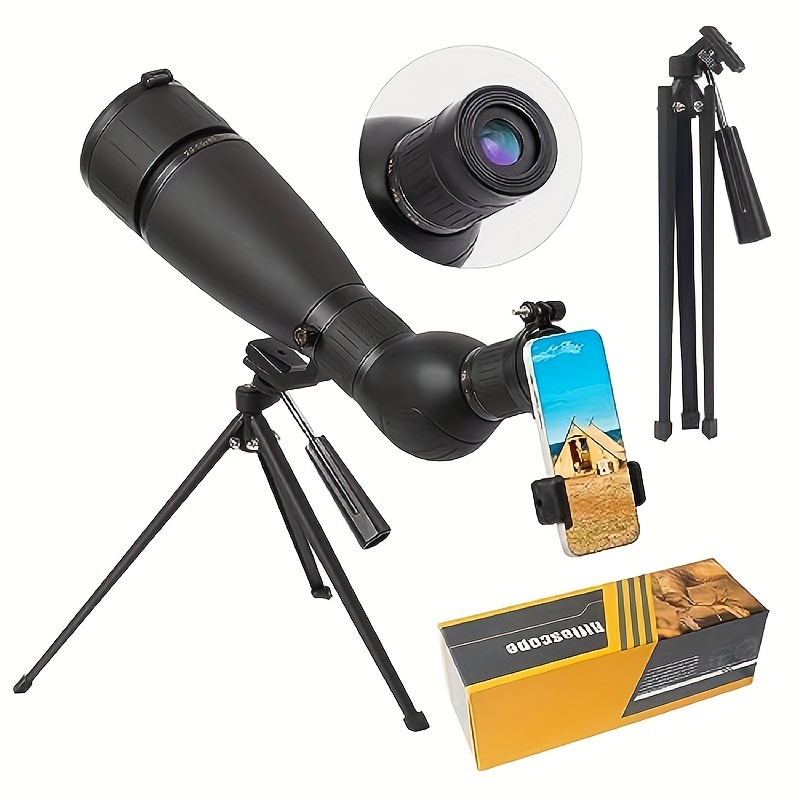TEMU Télescope HD 20-60X80 Plaqué Argenté FMC HD pour Observation de Longue Distance avec Trépied en Métal, Adaptateur pour Téléphone et Sac de