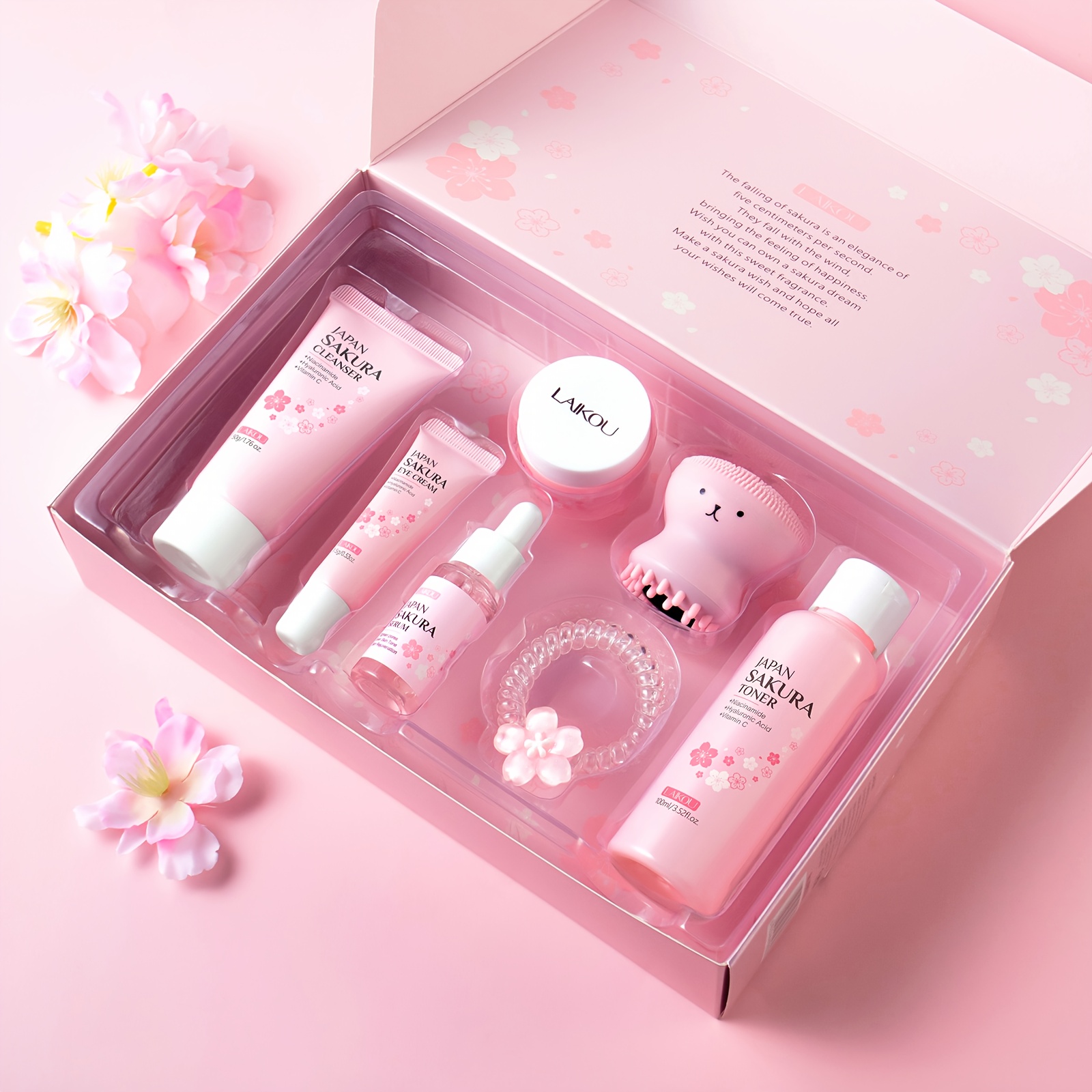 LAIKOU Sakura Poklon Kutija 7-dijelni Set za Njegu Kože, Niacinamid za Posvjetljivanje Protiv Otpadanja, Serum, Krema za Hidrataciju Lica, Krema za Oči, Tonik, Blago Čišćenje Lica, s Četkom za Kosu i Gumicom za Kosu, Rođendanski i Božićni Pokloni