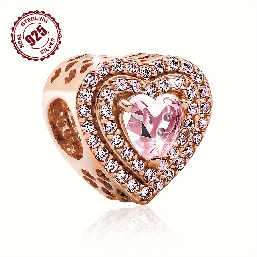 

Chic S925 Sterling Silvery Heart Charm With Pink Cubic Zirconia - Diy Bead Pendant For Bracelets & Necklaces, Perfect Gift For Birthdays & Holidays