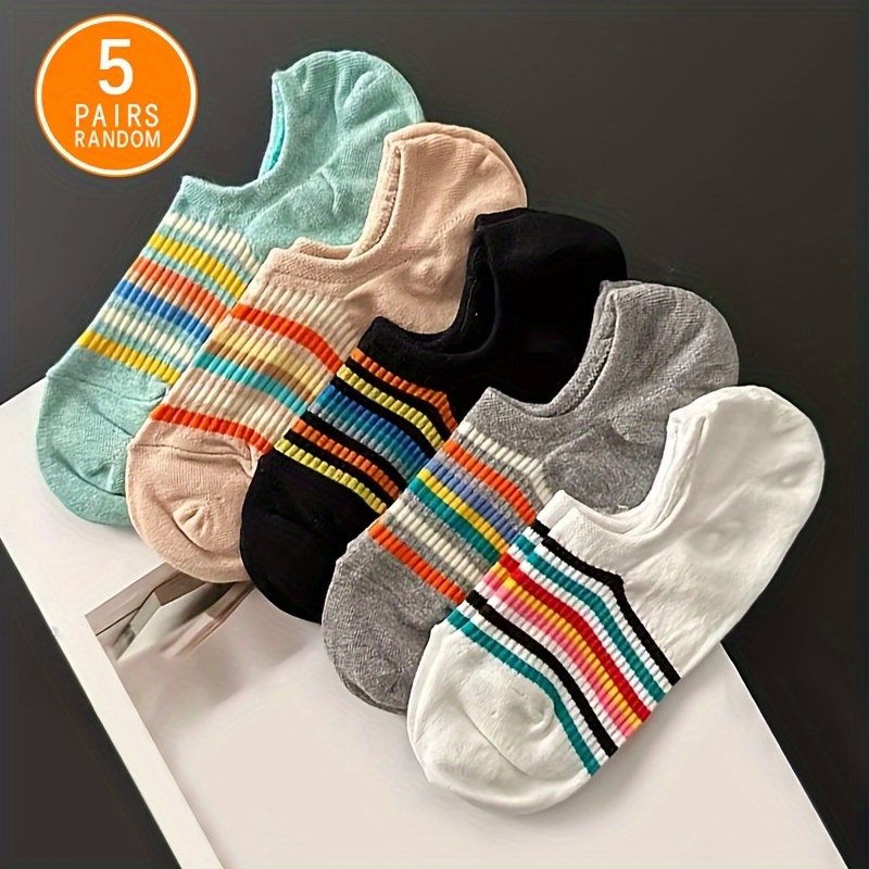 

5 Pairs Striped Ankle Socks, Comfy & Breathable Short Socks, Women's Stockings & Hosiery