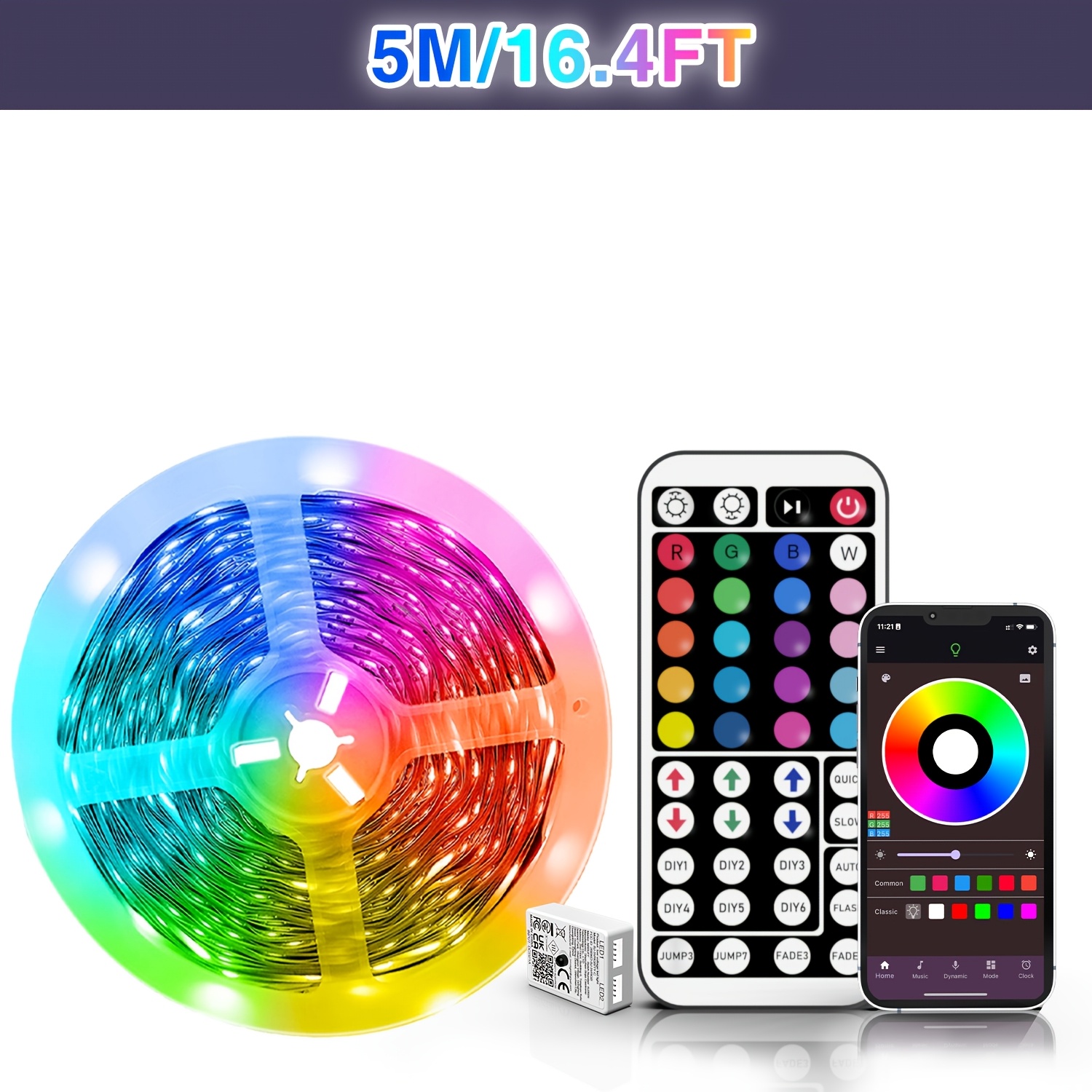 TEMU Bande Lumineuse LED 16Ft-100Ft pour Décoration Intérieure, Lumière à Changement de Couleurs avec Télécommande 44 Touches et via Application