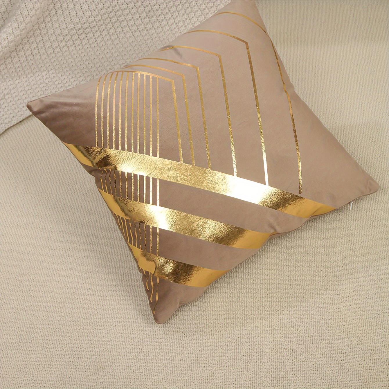 Image of Contemporary Geometric Golden Accent Pillow Covers - Hypoallergenic 100% Polyester Sofa Cushion Covers With Zipper Closure, Hand Wash Living Room Decor