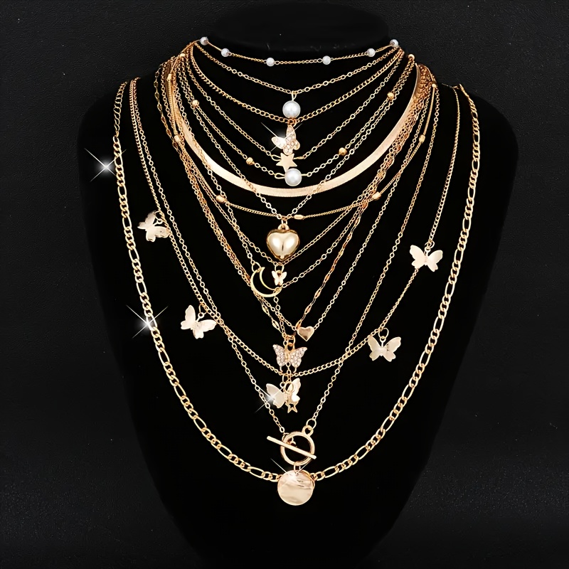 TEMU 11pcs Summer Elegant And Simple Pearl Heart Pendant Necklace Set For Women Daily Light Luxury With Seaside Beach Party Vacation Dating Gifting