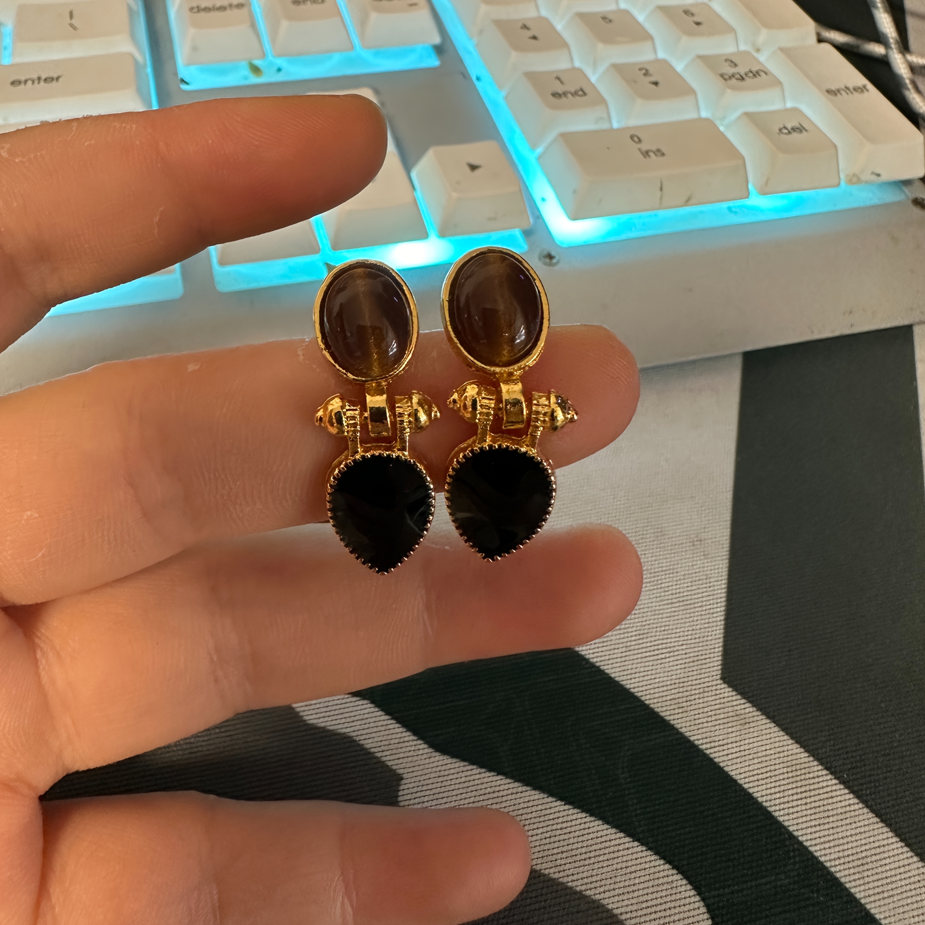 TEMU Retro Design, Pink Stone Earrings, Teardrop-shaped Black Agate Earrings - High-quality Fashion Jewelry Suitable For Women To Wear