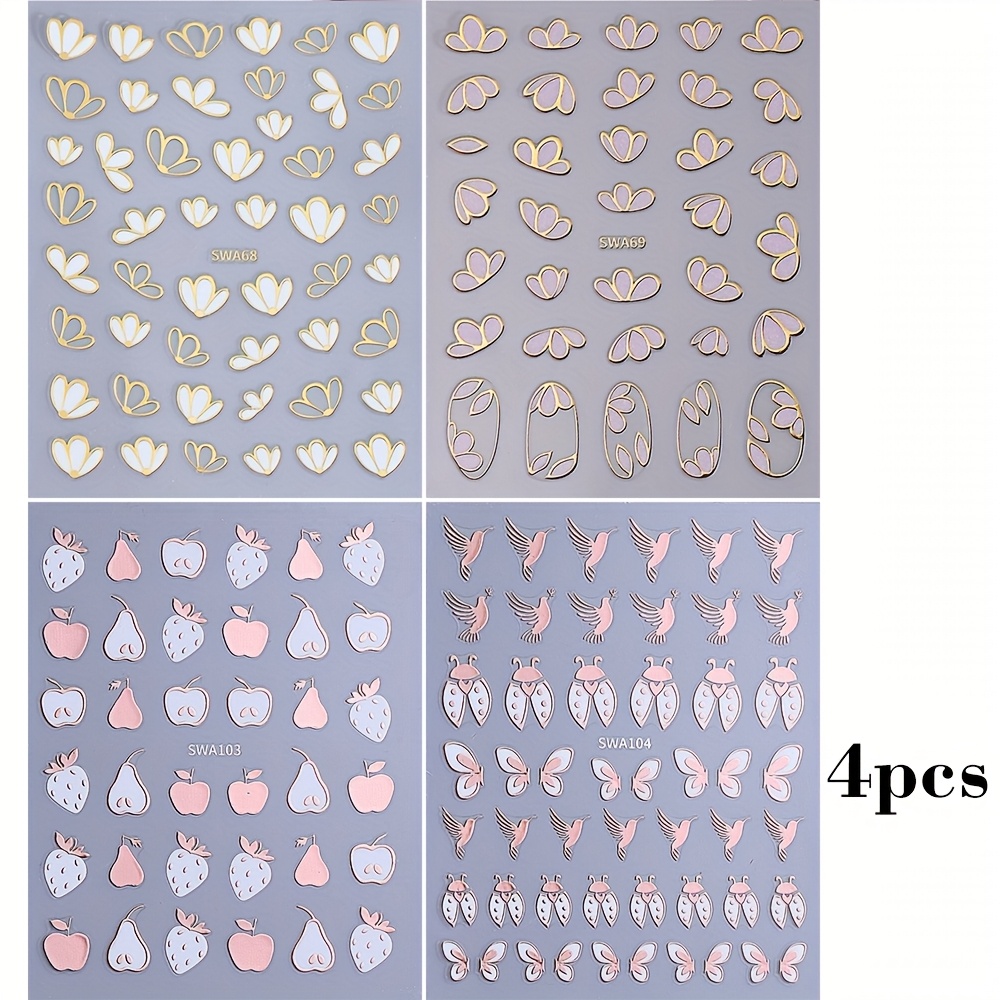 4 Sheets Of Rose Flower Insect Nail Stickers Swa68+69+103+104
