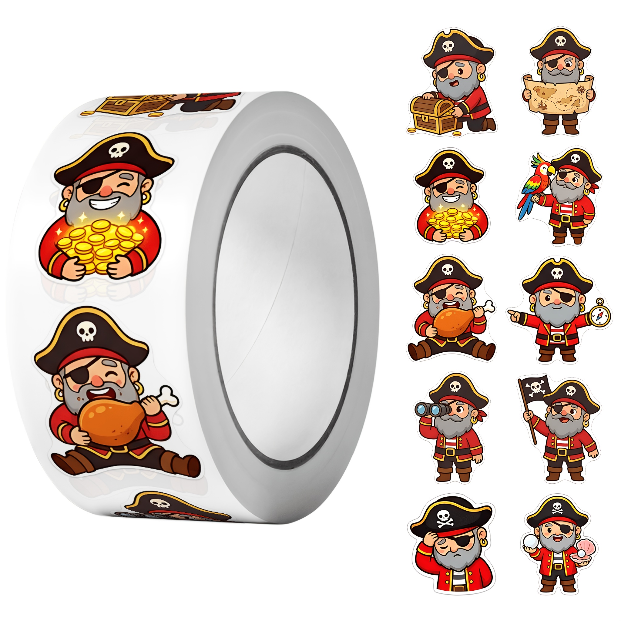 TEMU 1 Roll (500pcs) Cartoon Pirate Sticker Roll 2.5cm/1.0'' 10 Art Decals Adorning Suitable For Various Home Decoration Sealing Labels Daily Journal