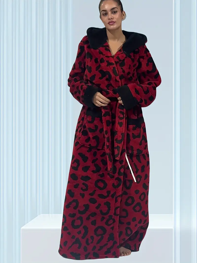 Plus Size - Plus Size - Cross-Border Style 1pc Wearable Waist Belt Leopard Print Hooded Robe with Side Pockets, Long Sleeve Warm Comfortable Hooded * Plus Size - Plus Size - Cross-Border Style 1pc Wearable Waist Belt Leopard Print Hooded Robe with Side Pockets, Long Sleeve Warm Comfortable Hooded *