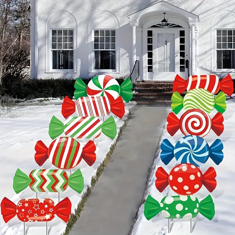 

12-pack Christmas Candy Yard Sign Decorations, Plastic Outdoor Sweet Christmas Lawn Ornaments With Stakes, Festive Holiday & New Year Garden Decor, Easy Install & No Electricity Required