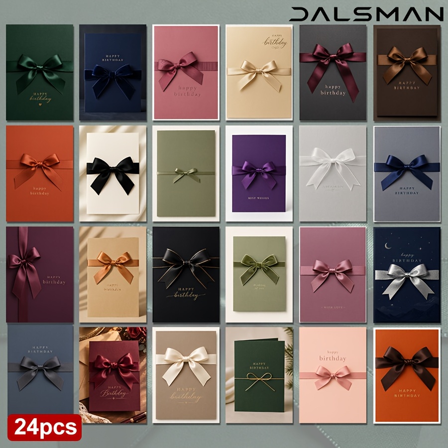 TEMU 24-pack Elegant Happy Birthday Postcards With Ribbon Bows For Luxury Greeting Cards For Celebration And Special Occasions Minimalist Stationery