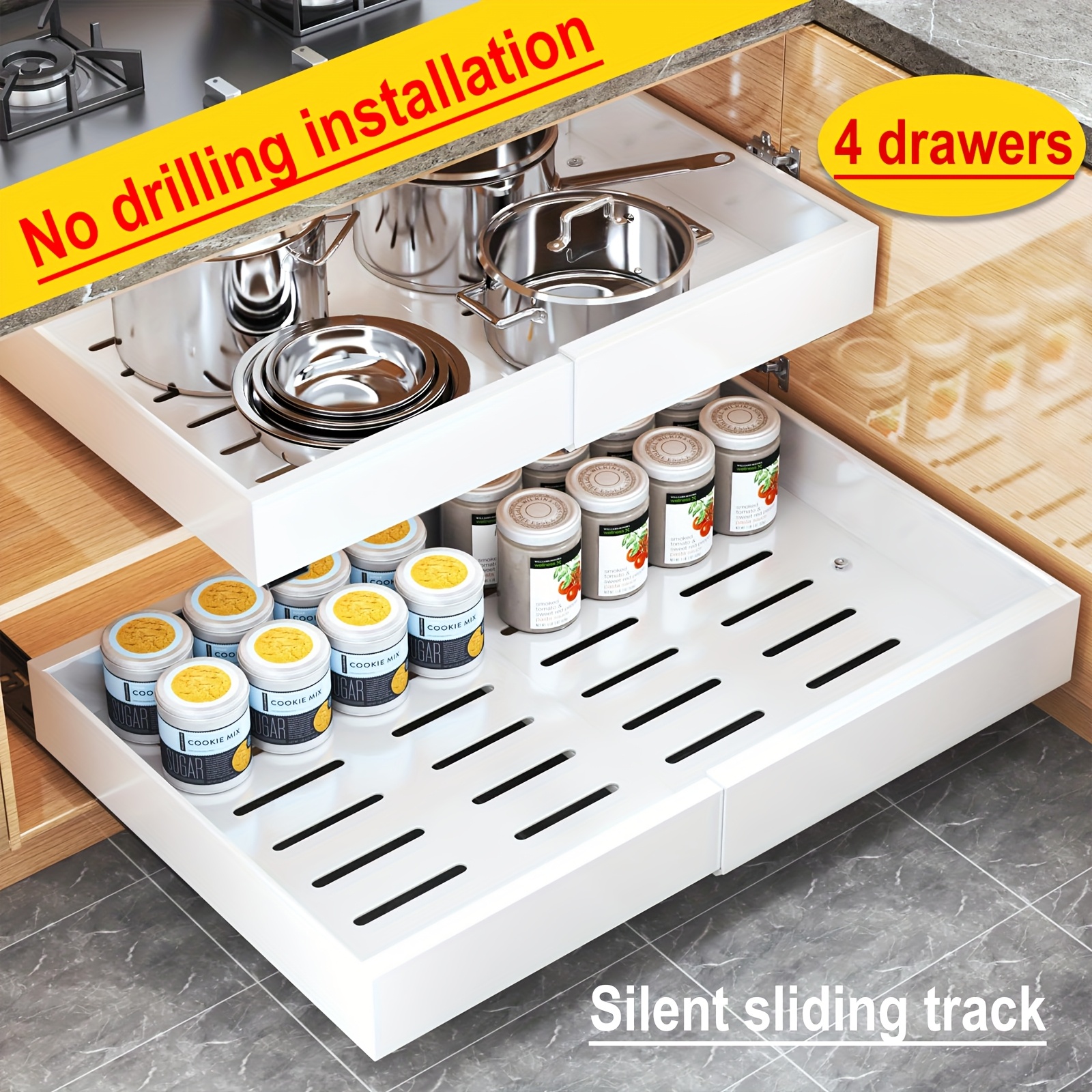 TEMU 4-pack Carbon Steel Expandable Pull Out Cabinet Organizer (12.6"-20.6"w), Rust-resistant Silent Sliding Drawers With Adhesive Or Nail Installation, 17" Deep Slide Out Drawers For Kitchen, Pantry