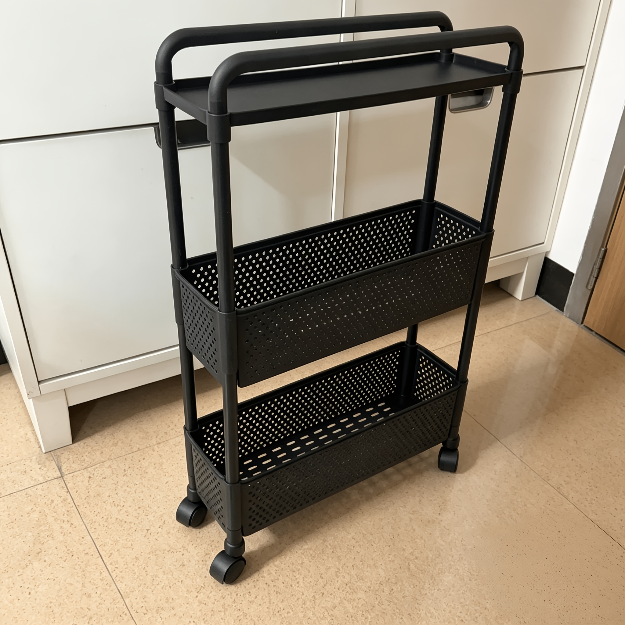TEMU Space- -inch Narrow Storage Cabinet - 3-tier Durable Plastic Freestanding Shelving Unit With Wheels, Matte , Suitable For Bathroom, Kitchen,