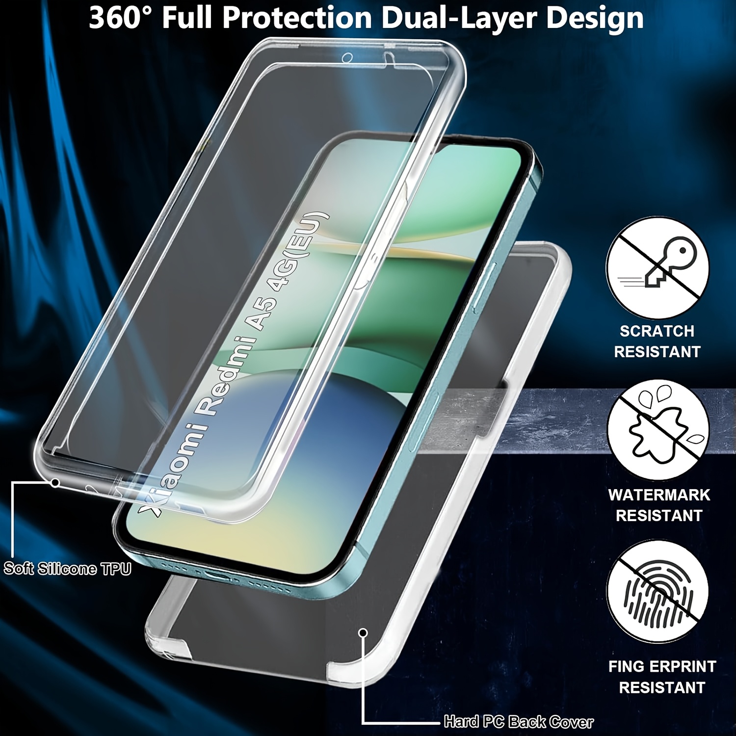 E-shop Handyhülle: 360-Grad beidseitig transparente stoßfeste Hülle kompatibel mit Xiaomi Redmi A5 4G Europäische Version, harte Rückseite, HD