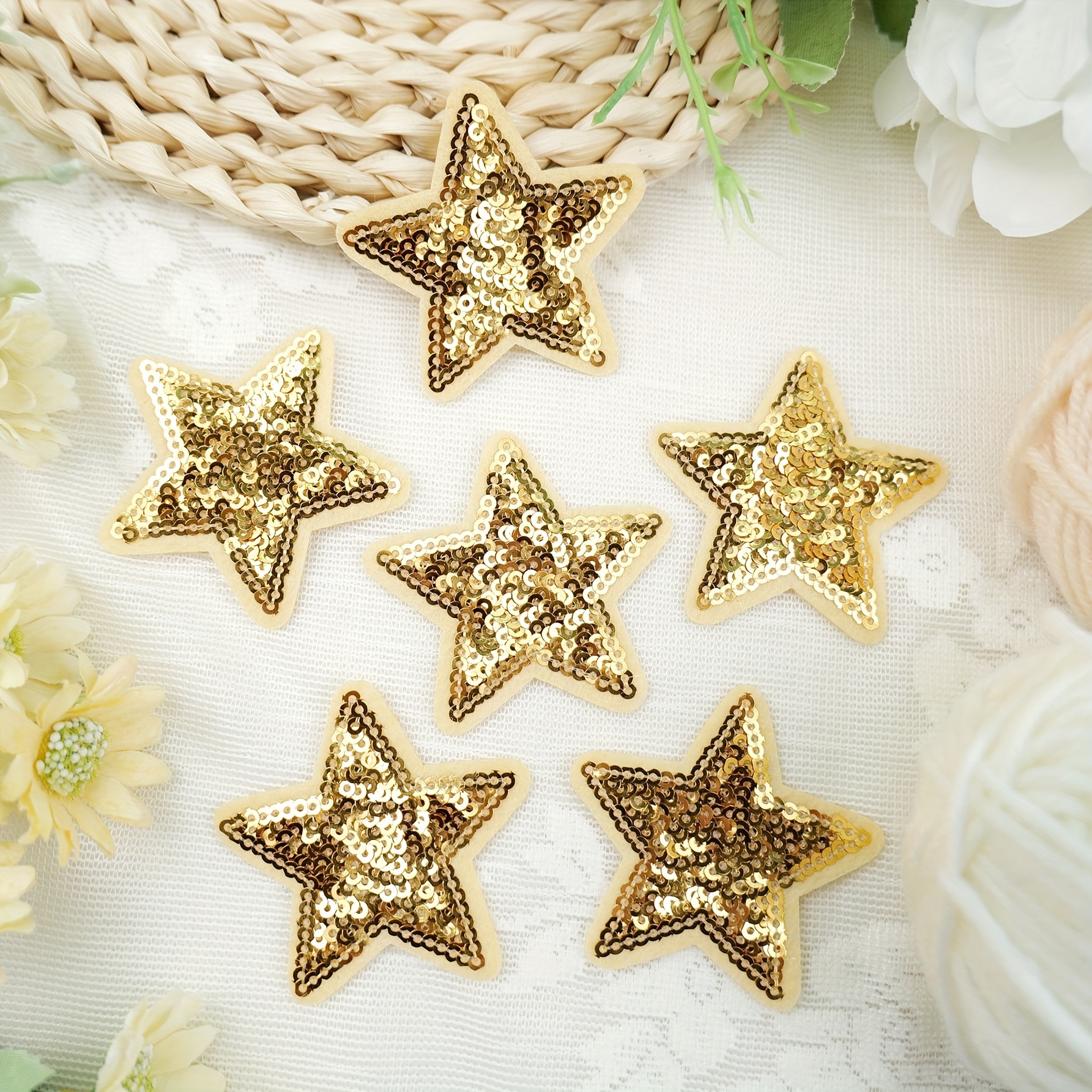 6pcss Sequin Star Pattern Embroidered Patches, Golden/silver 2 Colors 6pcs Set, Instant Starry Look For Clothes And Scarves, Handmade Creative Appliqué With Buff