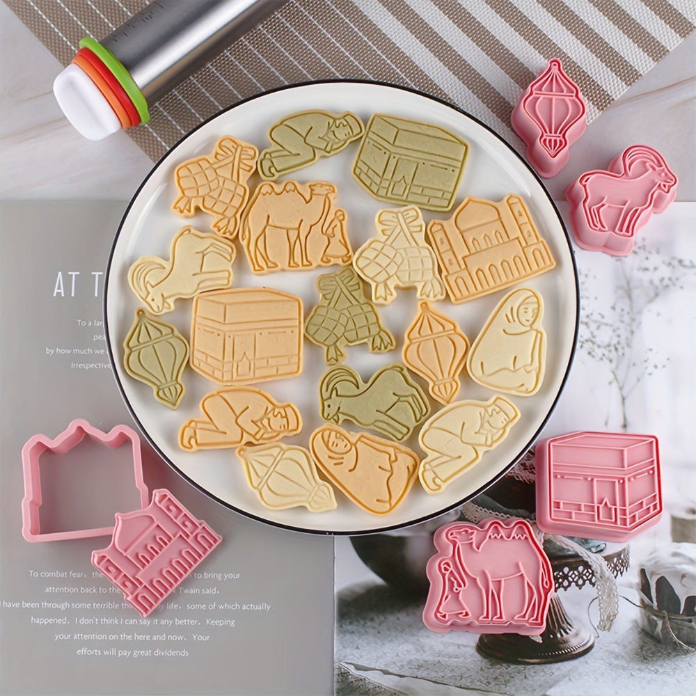 8pcs mubarak cookie stamp set 3d cartoon designs islamic muslim biscuit impressers with plunger cutters for eid thanksgiving baking details 10