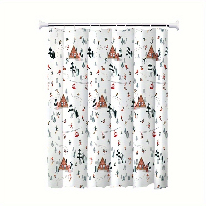 TEMU 1pc Christmas Ski-themed Waterproof Shower Curtain - Thick, Light-blocking Peva For Privacy & Decor, Includes Hooks