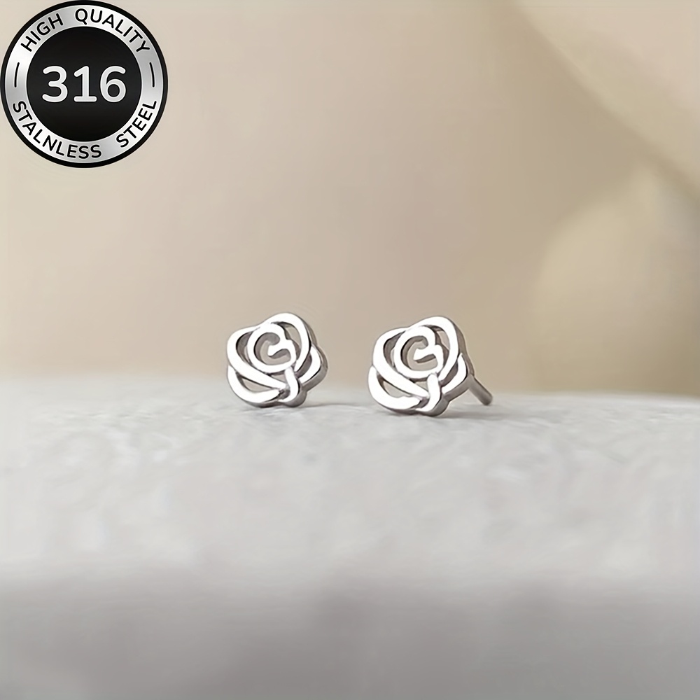 TEMU High-quality Stainless Steel Hypoallergenic Golden Rose Stud Earrings, Anti-fading, Simple And Elegant, Fashionable Women's Earrings And Jewelry