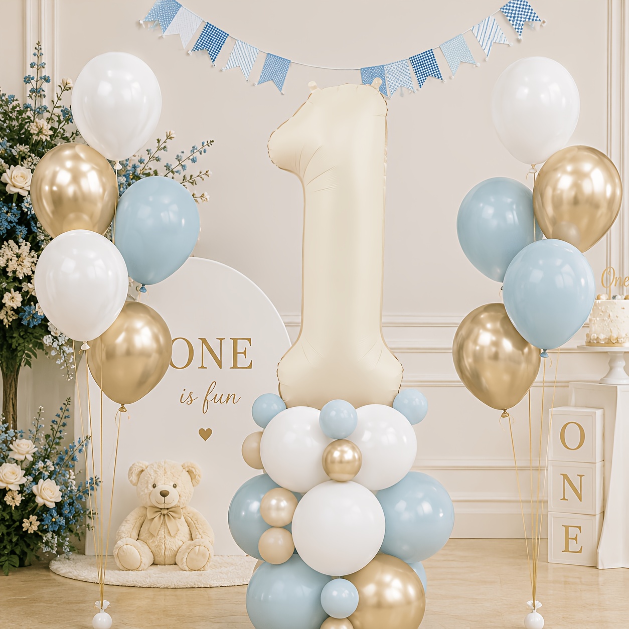 Image of 1st Birthday Balloon Decoration Kit Blue, White And Golden Balloons Garland With 32in Number 1 Foil Balloon For Outdoor Party, Garden, Celebration, Celebration