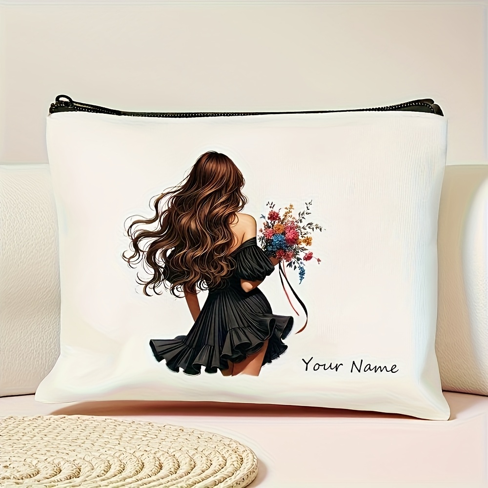 TEMU Personalized Women's Makeup Bag - Name/text And Girl (customizable With Your Photo/name) - Large Capacity Beige Cosmetic Organizer, Zipper