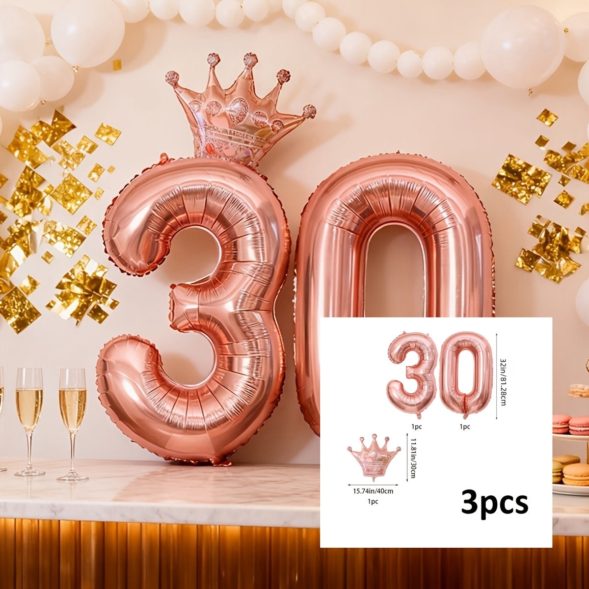 Image of 30th Birthday Party Balloons, Roses, 30, Crown-decorated Film Balloons - For Birthday Parties, Room Decoration Balloons, Camping Party Supplies, No Electricity Required