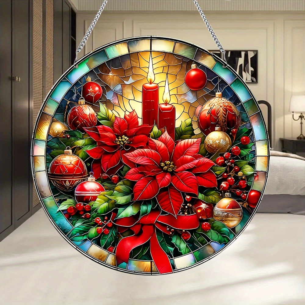 

Art Acrylic Christmas Floral Suncatcher - Round Hanging , Multiple-use Room Wall Art, Room Ornament, Tabletop Decor, Seasonal Gift - No Feathers, No Electricity Needed (1 Pcs, 20cm)