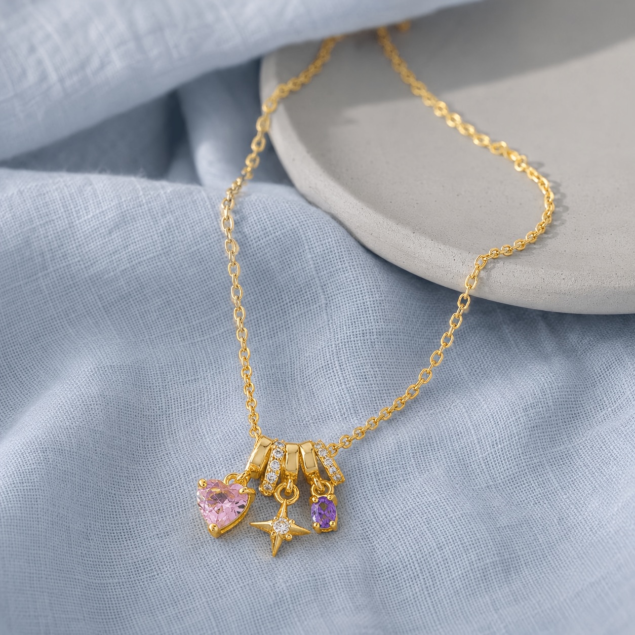 Women's Multicolor Synthetic Zirconia Heart & Star Pendant Necklace