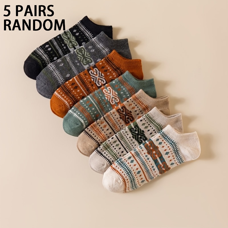 TEMU Random 5 Pairs Women's Spring Summer Thin Socks Ethnic Style Printed Short Socks Trendy Versatile Retro Low Cut Short Tube Socks