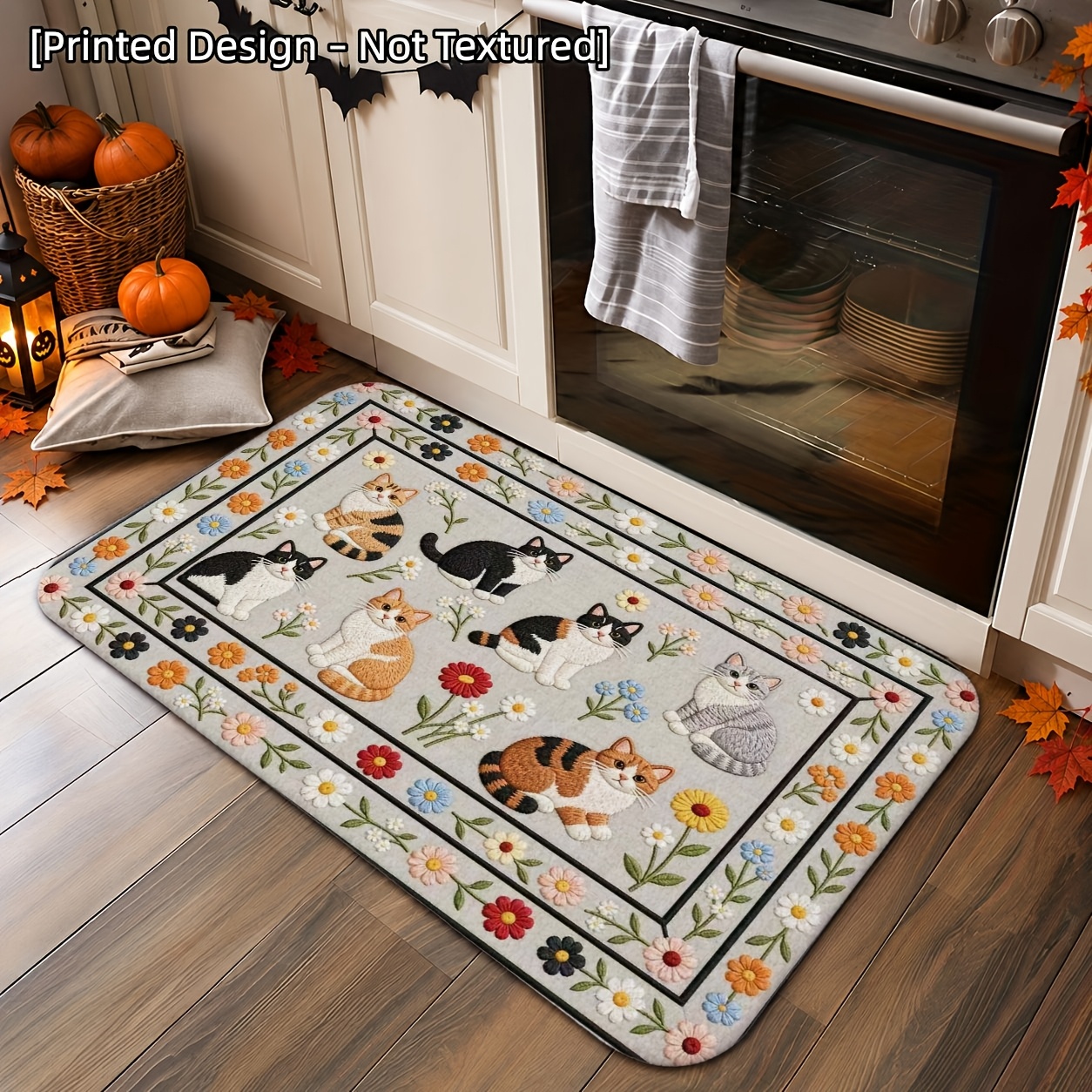 TEMU 1pc 2d Flat Embroidery Cat Floral Carpet Doormat Suitable For Entrance Hallway Balcony Garage Corridor Multi-scene Placement Outdoor Carpet