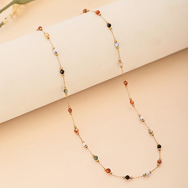 TEMU 1pc Fashionable Stainless Steel Beaded Multicolor Necklace, Suitable For Daily Wear