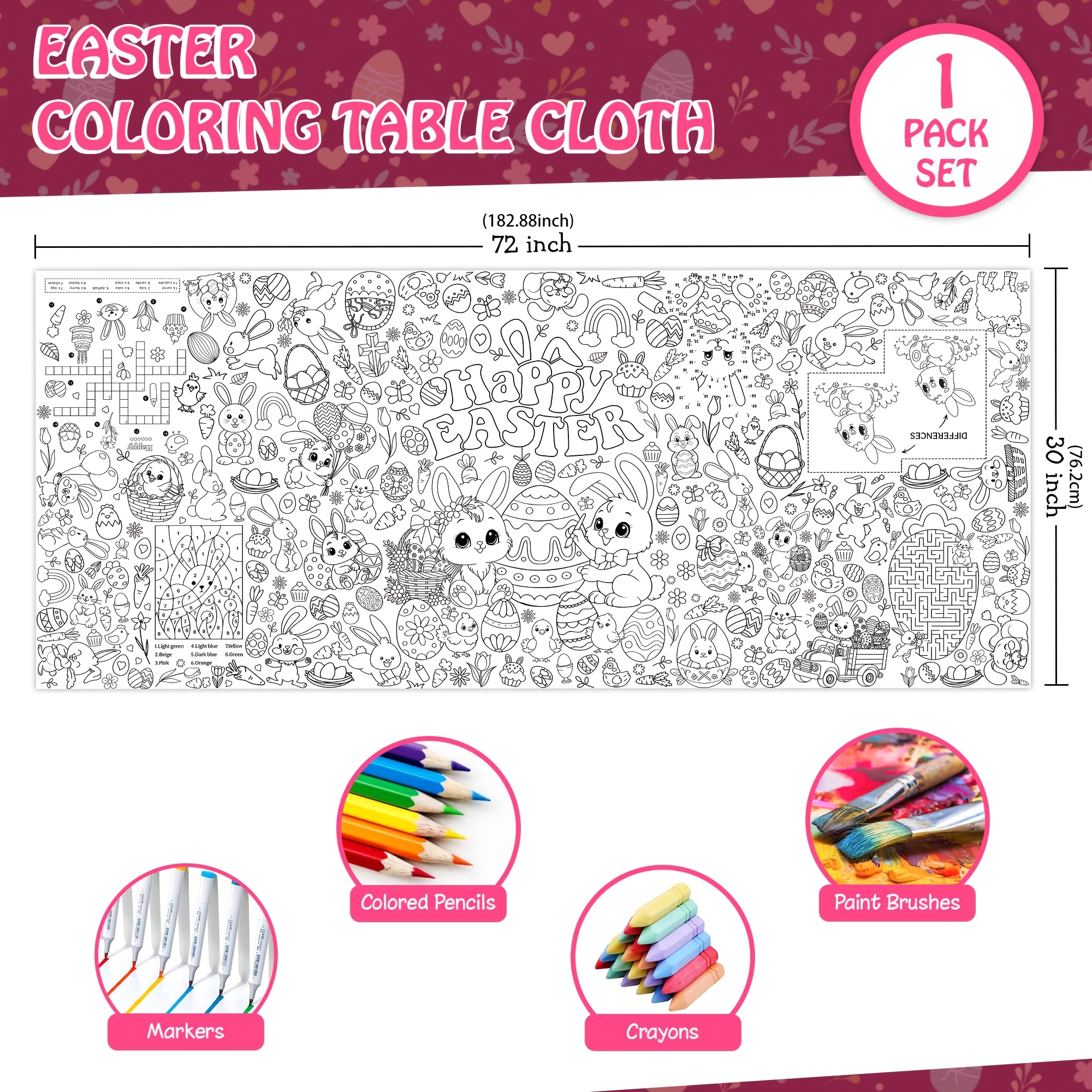 TEMU Easter Colored Tablecloth, Party Tablecloth, Large 30x 72 "poster With Bunny, Egg And Flower Pattern, Ideal For Easter Party Games, Classroom