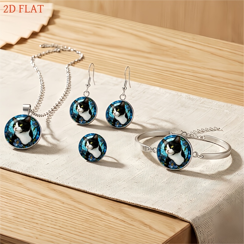 5pc Black & White Cat Jewelry Set with Blue Flower Round Glass Top