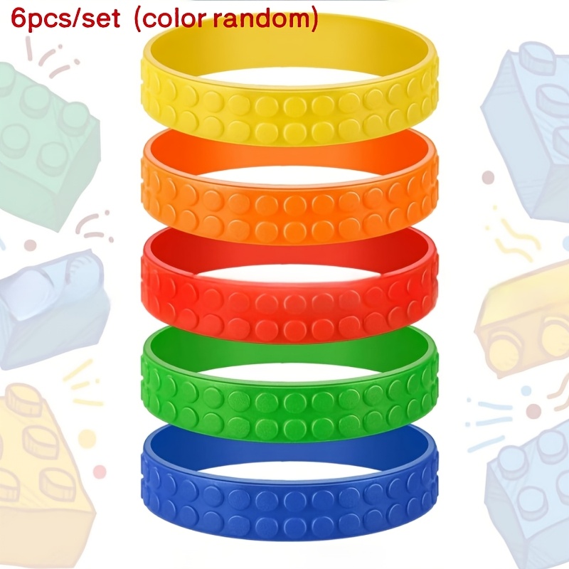 E-shop Geschenk für Sie/Ihn – 6 bunte Silikon-Armbänder mit Bausteine-Muster – Nicht-elektrisch, federlos, für Partygeschenke, Klassenbelohnungen