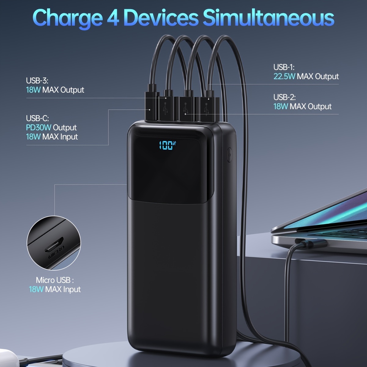 

50000mah Power Bank With Usb-c Pd 30w, Qc 4.0 Fast Charging, 4 Outputs & 2 , Digital Display - Charger For Iphone, Samsung,